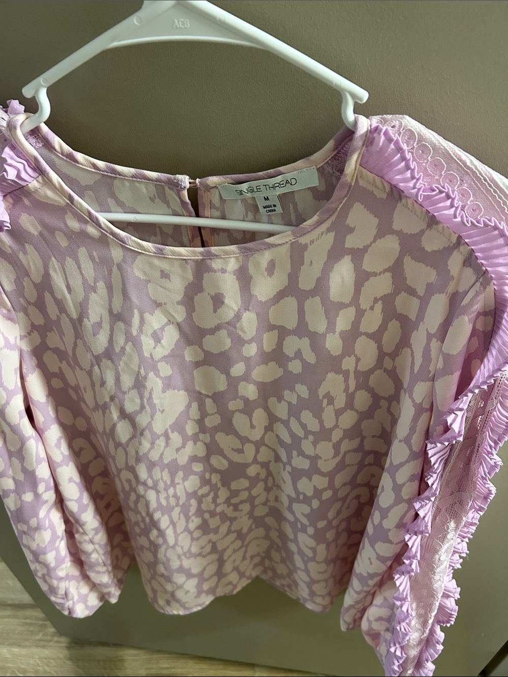 Bloomingdale’s Single Thread Ruffle-Sleeve Animal Print Blouse in Lavender Cream